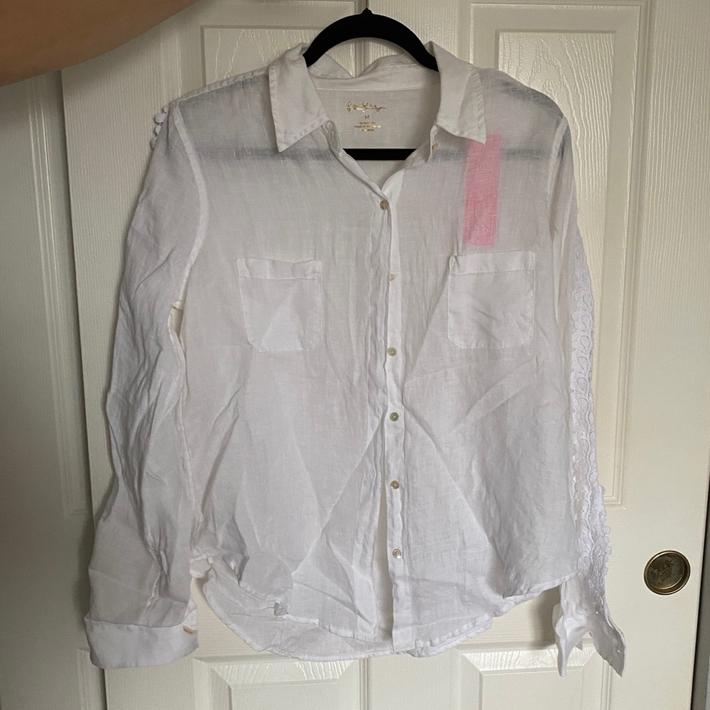 NWT Lilly Pulitzer Sea View Linen Button Down Top in Resort White M